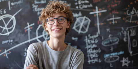 Young male student in front of blackboard - obrazy, fototapety, plakaty