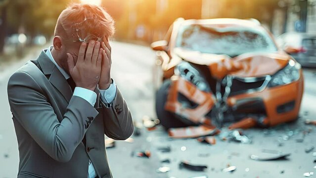 Young businessman with shrapnel in hair in suit covers face with hands after accident near broken car. Rushing to work and inattentive driving.