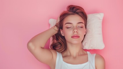 Obraz na płótnie Canvas a young woman sleeping on pillow isolated on pastel pink colored background Sleep deeply peacefully rest. Top above high angle view photo portrait of satisfied .senior wear white shirt