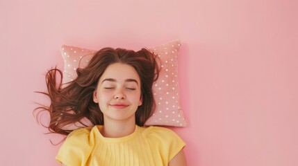 a young woman sleeping on pillow isolated on pastel pink colored background Sleep deeply peacefully...