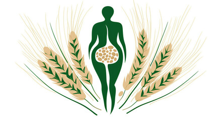  Celiac disease awareness month, green human silhouette logo with wheat spikelets, background, banner, card, poster, template. Vector illustration.