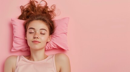 Obraz na płótnie Canvas a young woman sleeping on pillow isolated on pastel pink colored background Sleep deeply peacefully rest. Top above high angle view photo portrait of satisfied .senior wear pink shirt