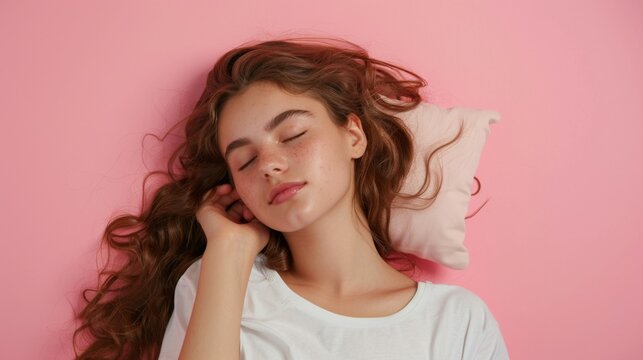 a young woman sleeping on pillow isolated on pastel pink colored background Sleep deeply peacefully rest. Top above high angle view photo portrait of satisfied .senior wear white shirt