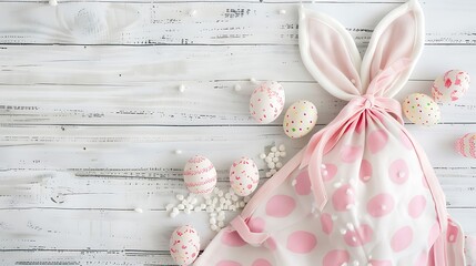 Easter - Fabric gift bag with Easter bunny ears and Easter eggs on a white wooden table. Holiday card.