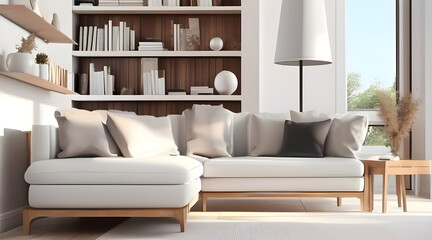 White minimalistic modern living room design . White sofa against white wall and bookshelf. Modern living place.Modern interior design.