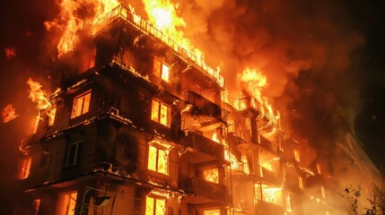 Apartment fire. A huge fire that makes masses of salads run to the ground. Generative AI