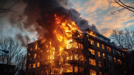Obraz premium Apartment fire. A huge fire that makes masses of salads run to the ground. Generative AI