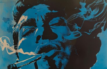 Fototapeta premium Man Smoking Cigarette in the Rockabilly Poster Style with Green, Blue and Black Color Scheme Touch created with Generative AI Technology
