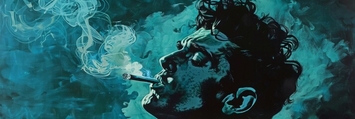 Man Smoking Cigarette in the Rockabilly Poster Style with Green, Blue and Black Color Scheme Touch created with Generative AI Technology - obrazy, fototapety, plakaty