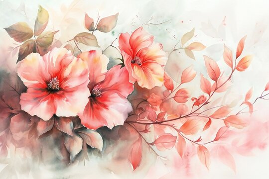 Abstract watercolor floral background with pink flowers,  Hand painted illustration