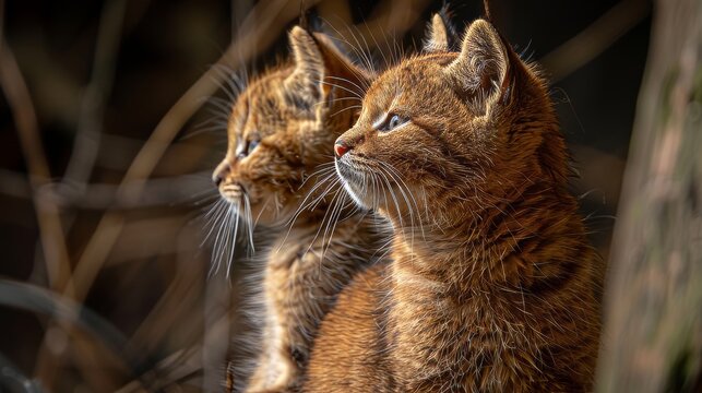 African golden cat and kitten portrait with ample space on left for inserting text