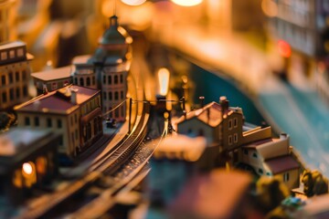 closeup of a tiny train moving through a small cityscape - obrazy, fototapety, plakaty