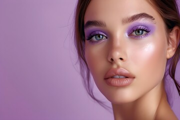 Naklejka premium Professional Lavender Makeup Look with Copy Space. Concept Makeup Tutorial, Lavender Eye Shadow, Beauty Tips, Copy Space, Professional Look
