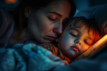 Portrait of a Single Mom tucking her child to bed. - obrazy, fototapety, plakaty