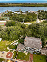 Lighthouse at St. Augustine, view of the grounds from the top of the lighthouse on the Atlantic Coast of Florida, Lighthouse grounds with blue skies and clouds