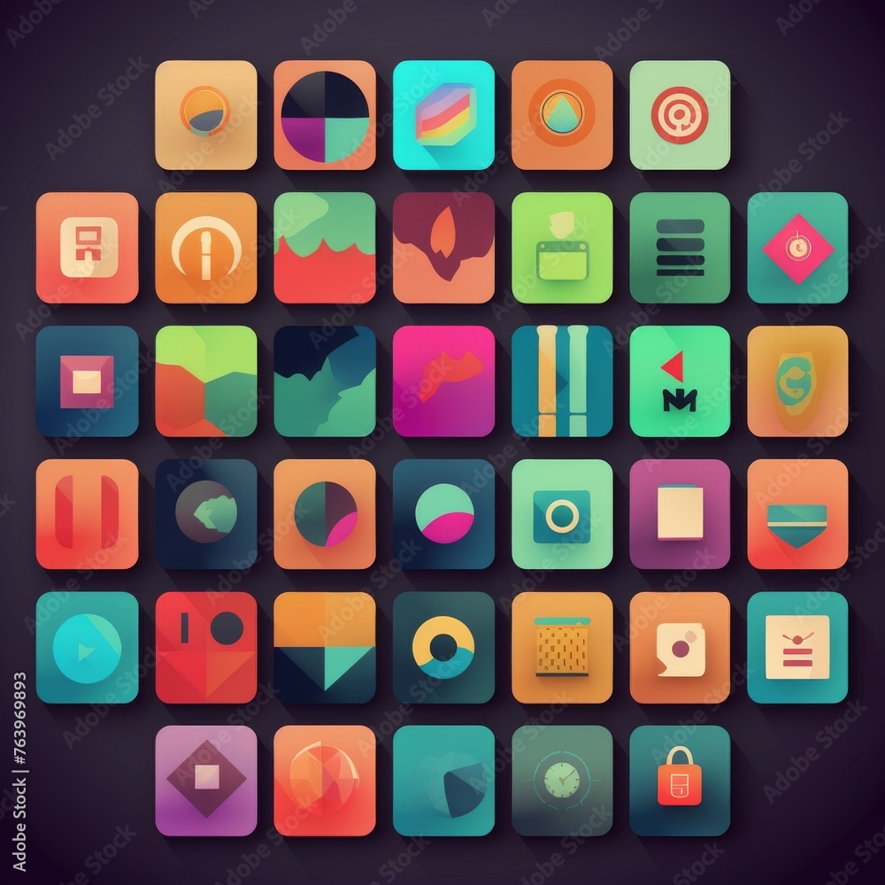 Poster a grid of abstract app icons, blending geometric shapes and soft hues to create a visually cohesive 