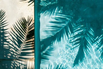Swimming pool with shadow of palm leaves on the wall,  Tropical background