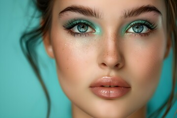 Professional Photo with Mint Green Makeup for Women: Copy Space Centered. Concept Portrait Photography, Women's Makeup, Mint Green Theme, Copy Space, Professional Look