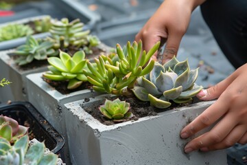 hands planting succulents in homemade concrete planters