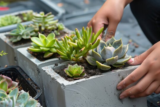 hands planting succulents in homemade concrete planters