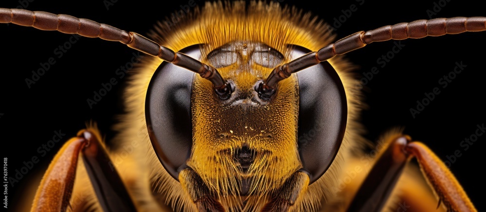 Poster a closeup of an insects face, a bee, on a black background showcasing its symmetry and intricate fea