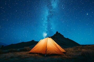 Tourist tent in the mountains at night with starry sky - obrazy, fototapety, plakaty