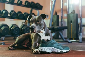 staffordshire bull terrier with a tennis shoe in a gym - obrazy, fototapety, plakaty