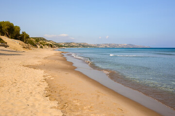 Paradise Beach with golden fine sand, clean shallow water. The most famous beach on the island of Kos. Greece