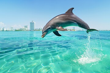 dolphin jumping over a clear sea with city skyline