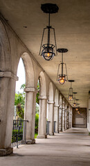 Arches with iron lights-Exterior of the Lightner Museum, Gilded Age architecture, located in historic St. Augustine, Florida, former Hotel Alcazar