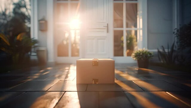 Zoom in of cardboard delivery box on tile near door of house in sunlight. Delivery of goods to home after online shopping, no people.