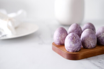 Close-up of easter eggs on a wooden stand