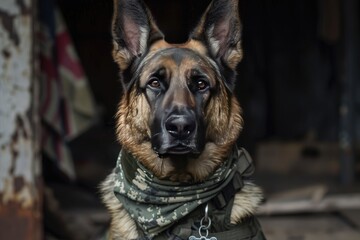 A German Shepherd in military attire with a camouflage bandana and dog tags