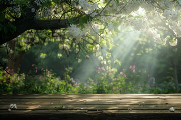 Wooden Table Topped With White Flowers Under a Tree