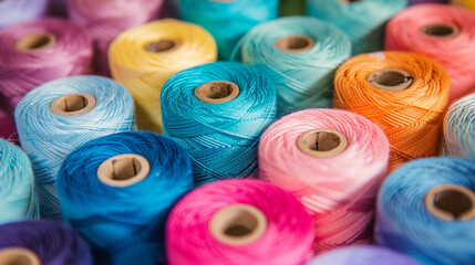 Close up of colorful spools of thread. 