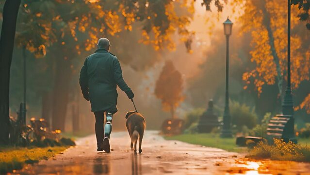 Elderly man with prosthetic leg walks with dog in autumn sunny park, back view. Innovative medical technologies to improve quality of human life.