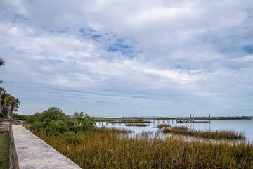 Scenic view of trees and grasses along the Matanzas River, St. Augustine Florida, by the Castillo de San Marcos grounds