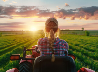 Mujer de espaldas conduciendo un tractor rojo trabajando en un campo labrado, sobre fondo de puesta...