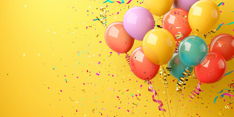 festive yellow background with balloons, streamers and confetti