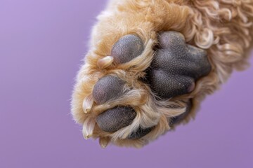 A close up of a standard poodles paw against a vibrant purple background, showcasing its intricate details and unique charm.