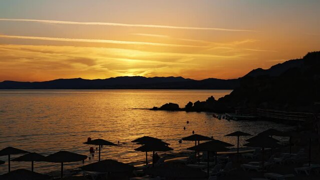 Beautiful sunset on Pefkos beach on the island of Rhodes in Greece.