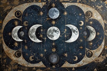 A celestial design with the phases of the moon and stars using silver and black paper