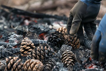 closeup of burnt pine cones amidst the ashes, with a gloved hand for scale