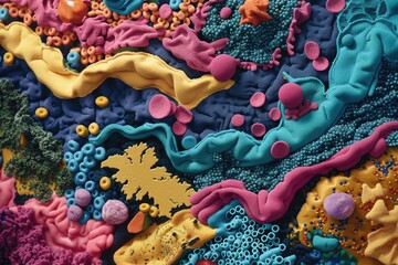A colorful abstract landscape formed by the aggregation of different types of bacteria