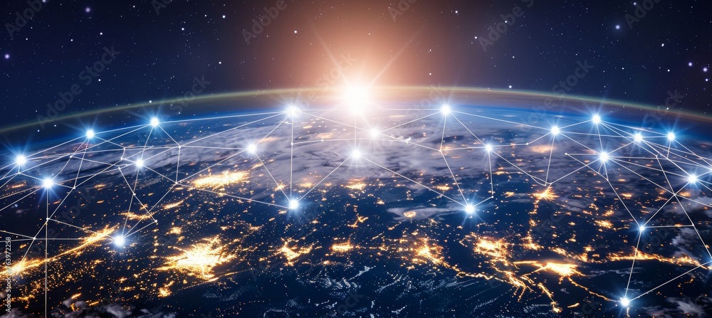 Poster global network connection earth covered by innovative perceptron lines for advanced connectivity