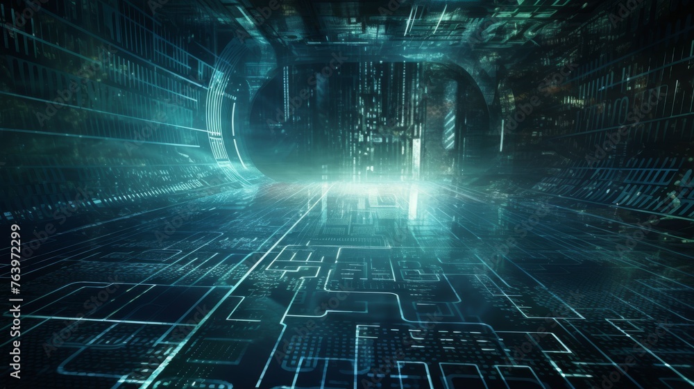 Poster a digital rendering of a futuristic corridor illuminated by a bright light at the end, symbolizing a