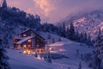 A scenic view of a luxury ski chalet at dusk nestled in a snow-covered landscape - obrazy, fototapety, plakaty