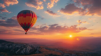 A picturesque scene of a hot air balloon ride at sunset symbolizing rising above worries to find happiness