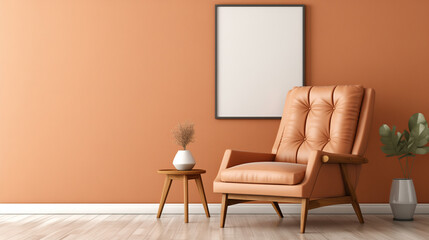 Retro brown leather armchair and dried flowers in a vase on a tripod table by the wall in the living room interior. 3d rendering.