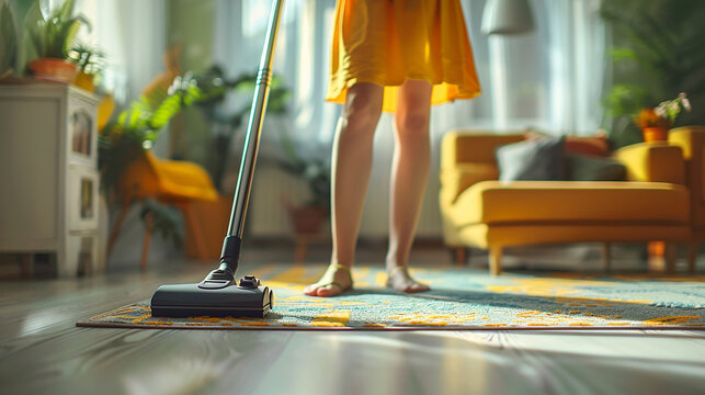 editorial image of modern housewife is cleaning home by vacuum